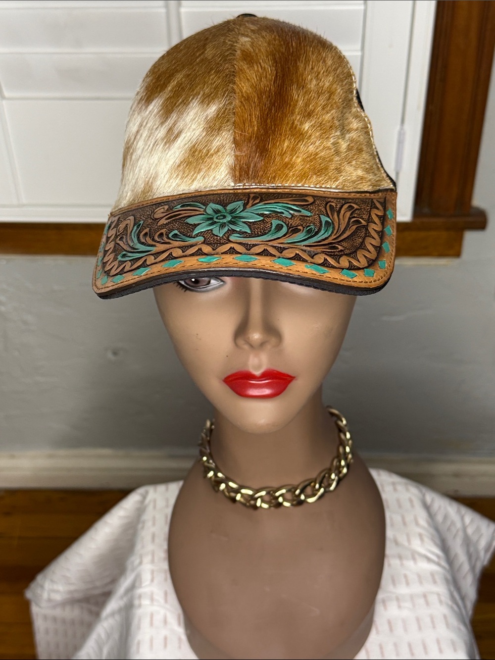 Hand-Tooled Leather & Haircalf Visor Hat in Brown with Turquoise Accents